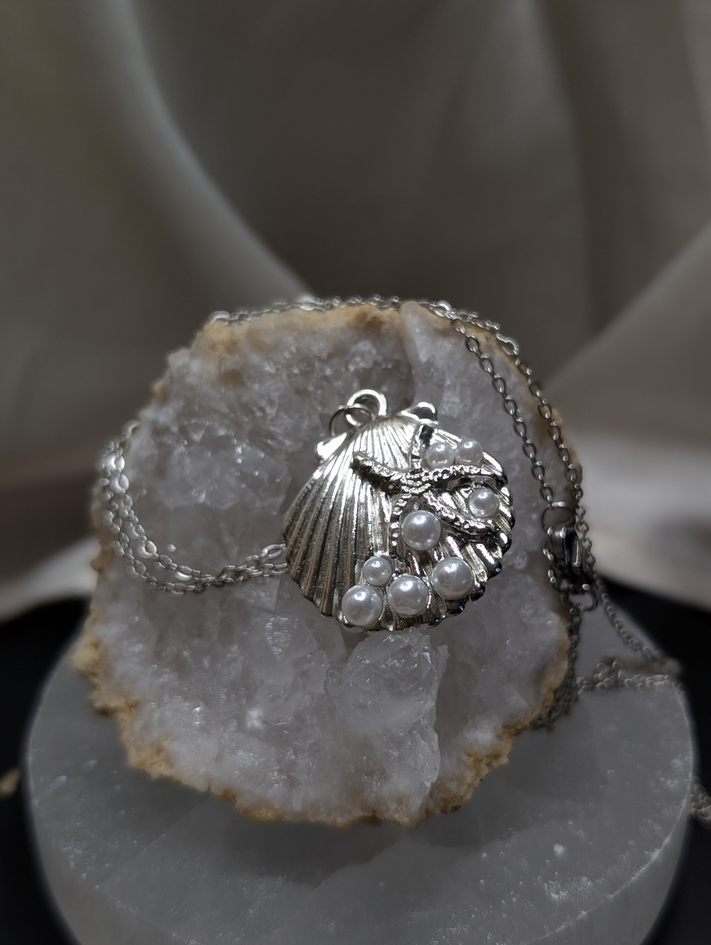 Coastal Shell Pearl Necklace Silver Tone Starfish Pendant Beachy Chic Ocean Jewe